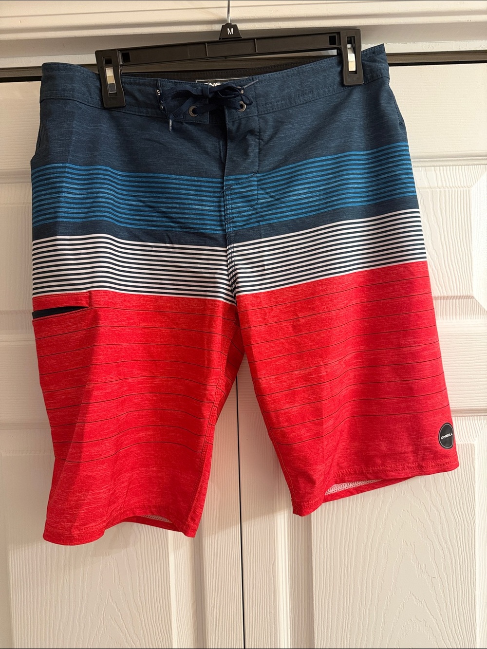 O'Neill Hyperfreak Red, Blue & White Men's Board Swim Shorts.  Size 30.  10”